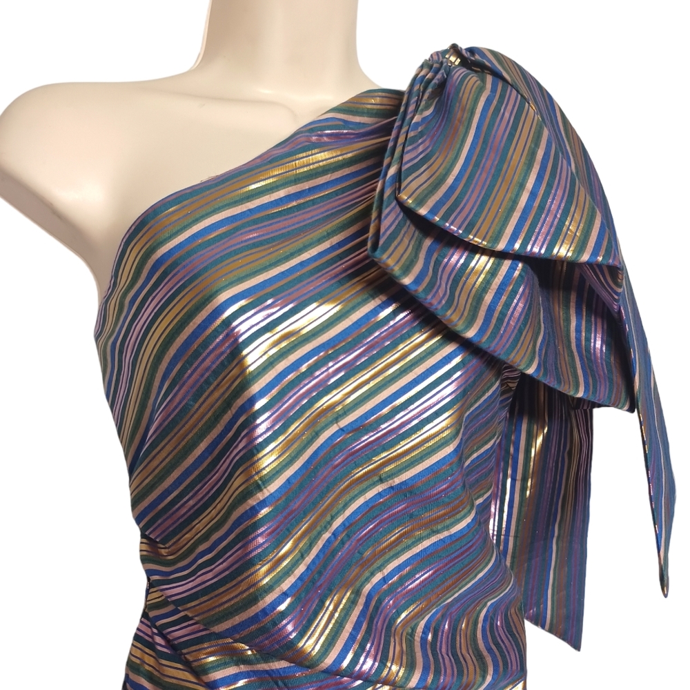 ZARA Metallic Gold Purple Green Stripe Print One Shoulder Bow Top Small - Picture 3 of 7